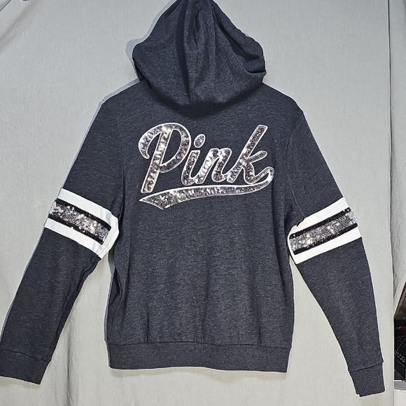 PINK Victoria's Secret Charcoal Hoodie with Striped Accents - Picture 6 of 8